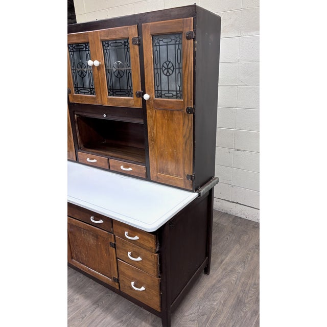 Farmhouse Antique Hoosier Style Farmhouse Cabinet With Glass Doors and Enamel Worktop For Sale - Image 3 of 11