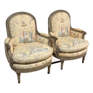 19th Century Delmar Chinoiserie Printed Bergere Chairs, Pair For Sale
