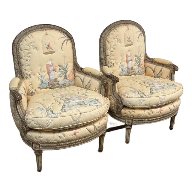 19th Century Delmar Chinoiserie Printed Bergere Chairs, Pair For Sale