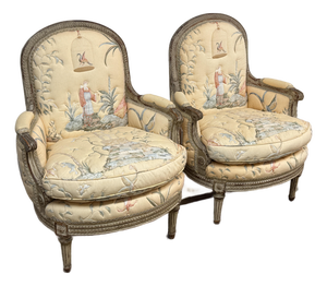 19th Century Delmar Chinoiserie Printed Bergere Chairs, Pair