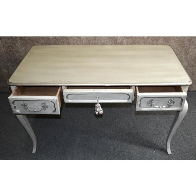 Antique White Vintage Baker Venetian Style Distressed Painted Three Drawer Desk For Sale - Image 8 of 13
