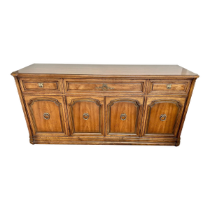Henredon French Provincial Sideboard Buffet | Vintage 1970s Traditional Wood Credenza With Brass Hardware