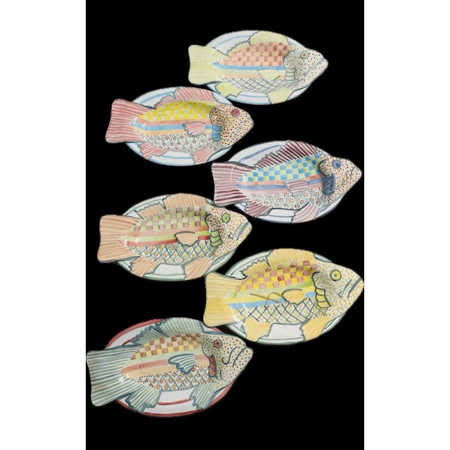 Yellow Vintage Mackenzie-Childs Hand Painted Terracotta Fish Platters or Wall Decor - Set of 3 For Sale - Image 8 of 9