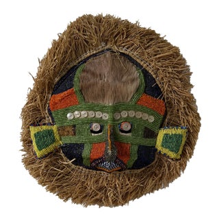 Mask with Beads in Raffia and Leather, 1980s For Sale