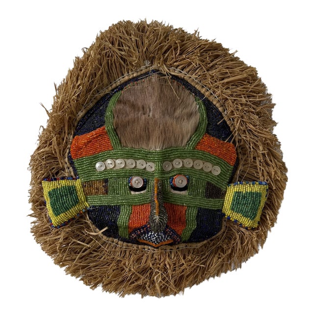 Mask with Beads in Raffia and Leather, 1980s For Sale