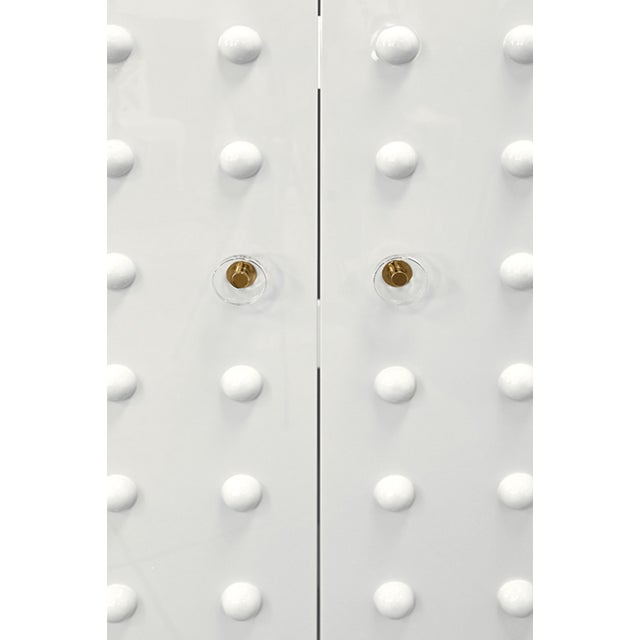 Worlds Away Matthew Izzo Home Beau White Lacquer Two Door Cabinet With Ball Stud Detail and Acrylic and Brass Handles For Sale - Image 4 of 5