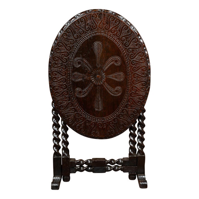 English 1850s Oak Gate Leg Oval Table with Carved Decor and Barley Twist Base For Sale
