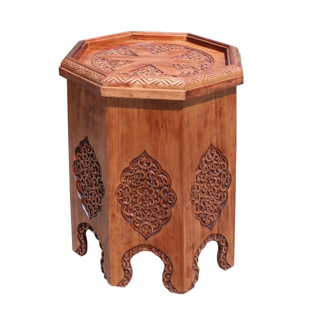 Wood Asian Octagon Floral Relief Carving Side Table Stand For Sale - Image 7 of 8