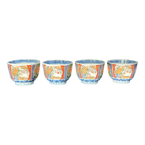 Antique Japanese Imari Porcelain Tea Cups Set of 4 Meiji Period Scalloped Rim
