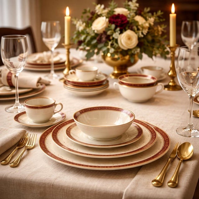 Elegant vintage English dinnerware by Alfred Meakin featuring a burgundy and gold geometric border on classic white...