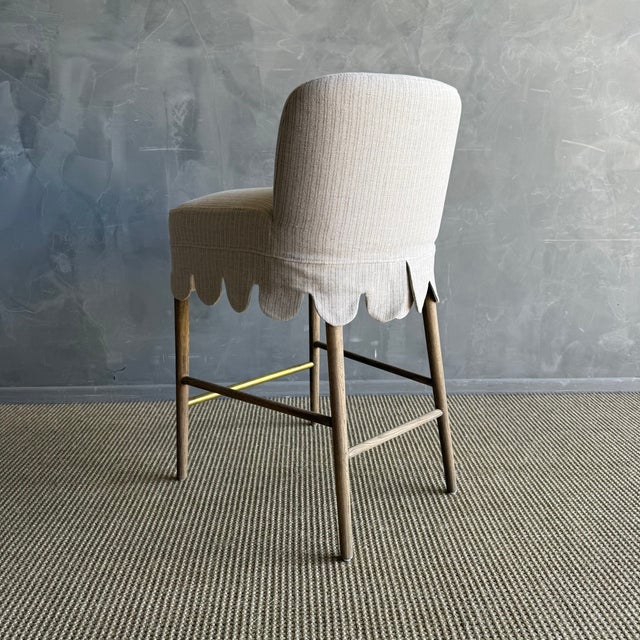 Metal Kate Slip Covered Counter Stool -Ticking 100% Linen With Raw Brass Foot Rail For Sale - Image 7 of 11