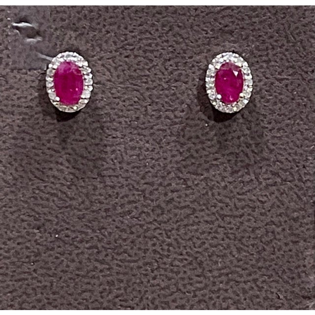 Gemstone 1 Carat Oval Natural Ruby and Diamond Stud Post Earrings 14 Karat White Gold For Sale - Image 7 of 18