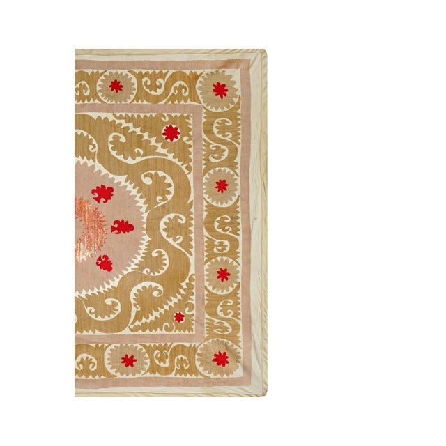 Mid-Century Modern Boho Medallion Suzani Tapestry | Pink, Terracotta & Teal Floral Motif Wall Decor 4'4'' X 4'10'' For Sale - Image 3 of 10