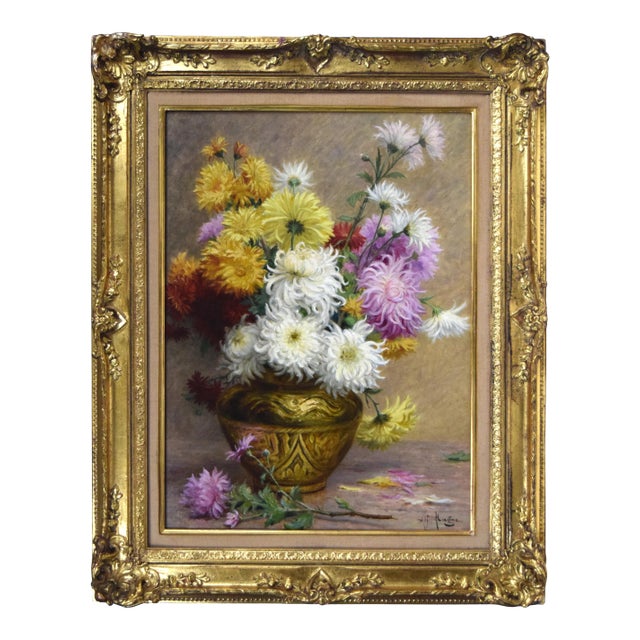 Antique French Floral Still Life of Chrysanthemums by Desire Alfred Magne For Sale