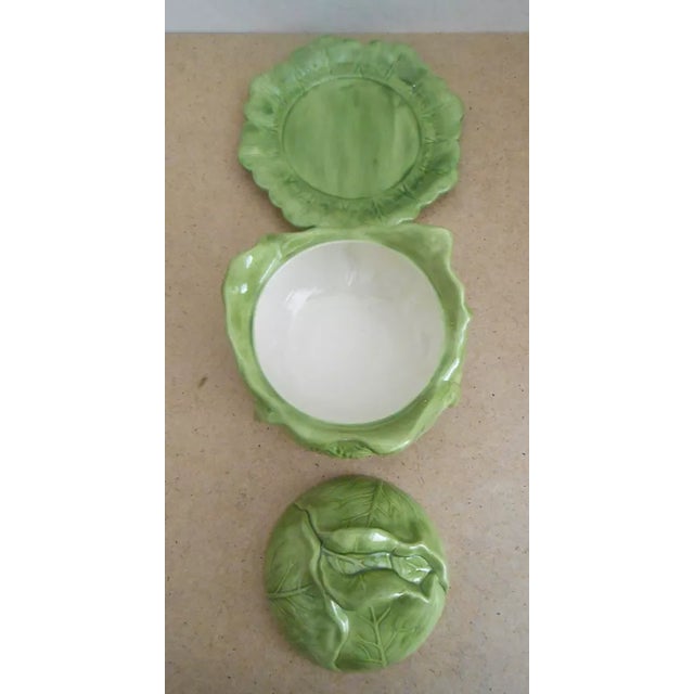 Mid-Century Modern Vintage Majolica Cabbage Tureen Soup Bowl With Lid & Plate For Sale - Image 3 of 7