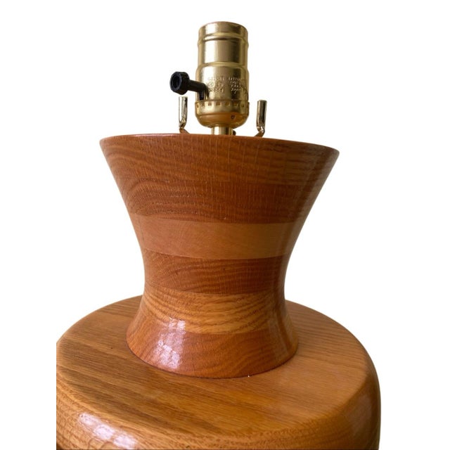 Vintage Mid Century Brutalist Marquetry Lathe Block Wood Hand Turned Table Lamp For Sale In Pittsburgh - Image 6 of 7