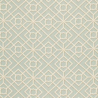 Schumacher Luan Fretwork Fabric in Sky For Sale