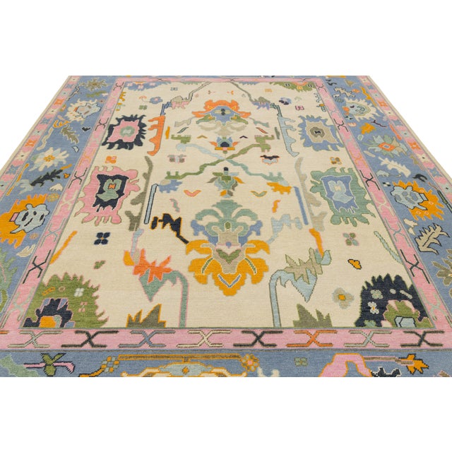 Contemporary Hand-Knotted Oushak Style Wool Rug in Ivory, Soft Blue, & Pastel For Sale - Image 11 of 12