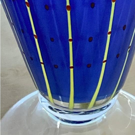 Royal Blue Pair of Vintage Handblown Italian Royal Blue Ribbed Dotted Stripe Art Glass Mantle Vases For Sale - Image 8 of 12
