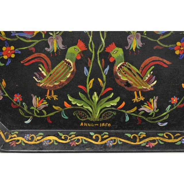 Mid 20th Century Vintage Lida Bell Clark French Country Pa Dutch Hand Painted Toleware Metal Tray For Sale - Image 5 of 16