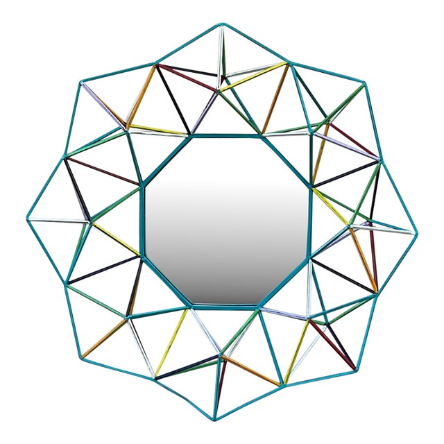 Funky One-of-a-Kind Hand-Painted Geometric Metal Mirror – 3d Sunburst Wall Art For Sale