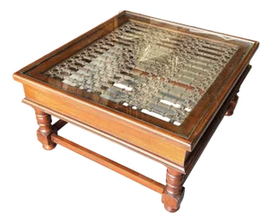 Anglo-Indian Modern Carved Sheesham Wood, Glass & Iron Window Coffee Table