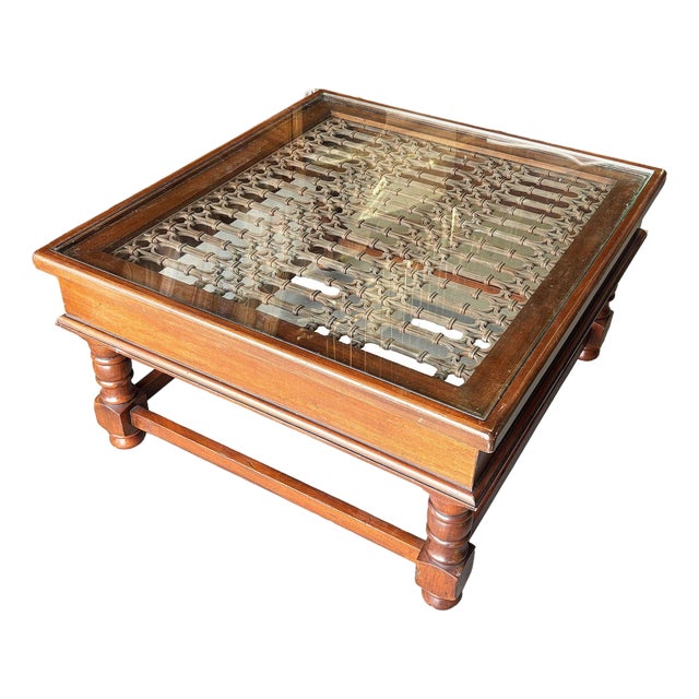 Mid 20th Century Rustic Indian Modern Carved Wood, Glass & Iron Window Coffee Table For Sale