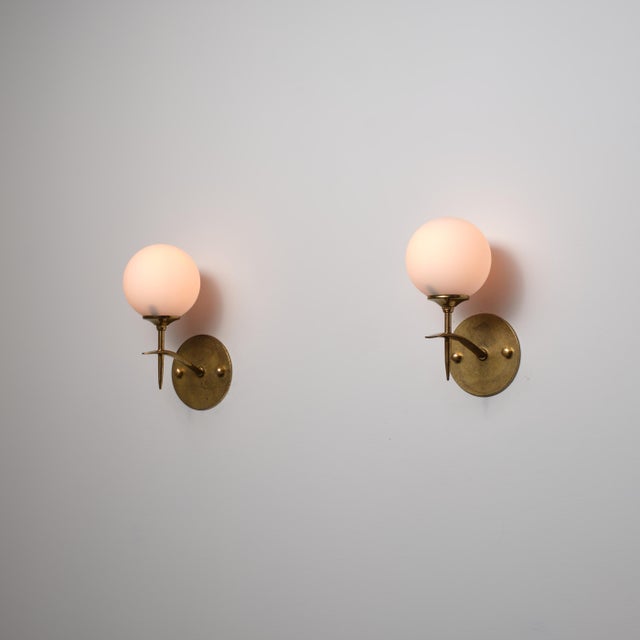 Gold Vintage Italian Wall Sconces in Brass and Opaline Glass, 1950s, Set of 2 For Sale - Image 8 of 10