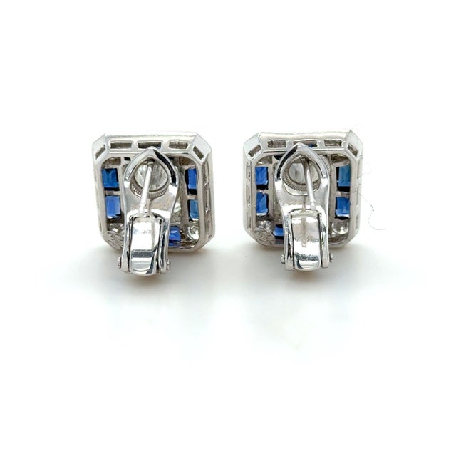 Mid 20th Century Mid 20th Century 4.34 Carat Radiant Cut Diamond and Sapphire Stud Earrings, Pair For Sale - Image 5 of 9