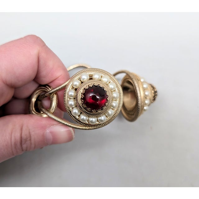 Vintage 1950s Signed Napier Goldtone Cabochon Faux-Garnet & Faux-Pearl Cuff Bracelet For Sale - Image 11 of 13