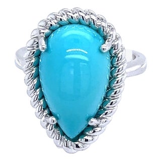 Natural Persian Turquoise Ring Size 6 14k White Gold 6.21 TCW Certified For Sale