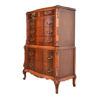 Romweber French Provincial Louis XV Flame Mahogany Highboy Dresser, Circa 1920s For Sale