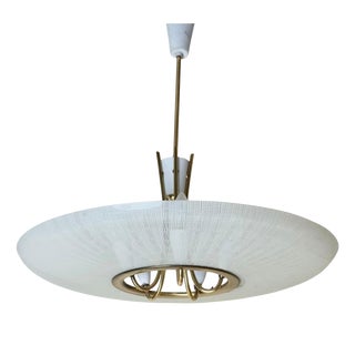 Mid-Century Brass and Textured Glass Pendant, 1950s For Sale