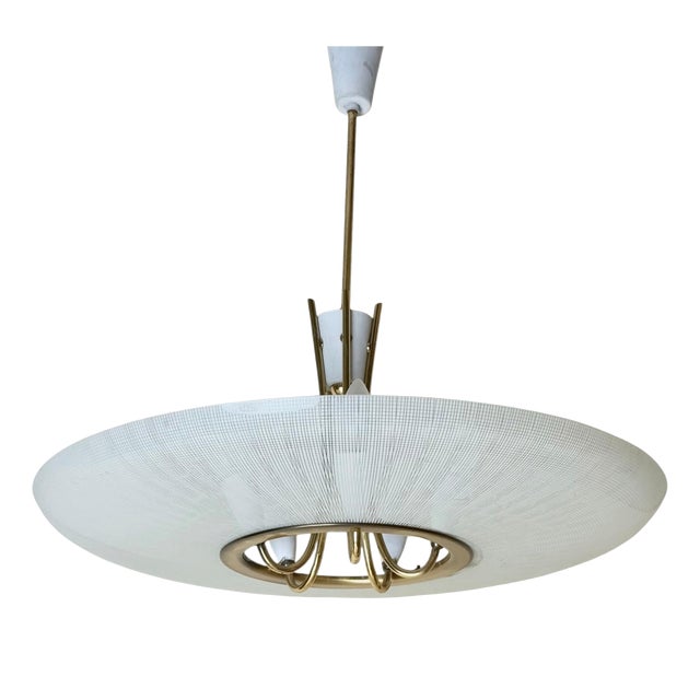 Mid-Century Brass and Textured Glass Pendant, 1950s For Sale