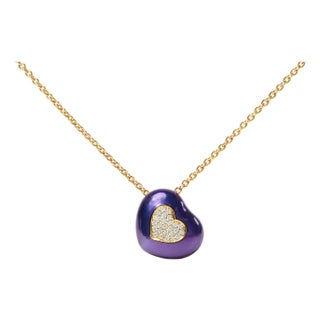 18K Yellow Gold Blue Enamel 1/10 Cttw Round Pave Diamonds Heart Shape 18" Pendant Necklace (G-H Color, SI1-SI2 Clarity) - Adjustable up to 16" - 18" For Sale