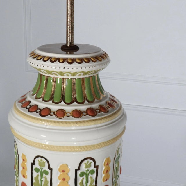 Monumental Florentine Hand Painted Signed Lamp with Caned Pagoda Shade For Sale - Image 4 of 12
