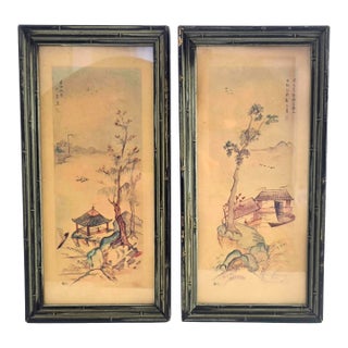Pair of Mid-Century Antique Japanese Landscape Watercolors - Ebonized Bamboo Framed For Sale