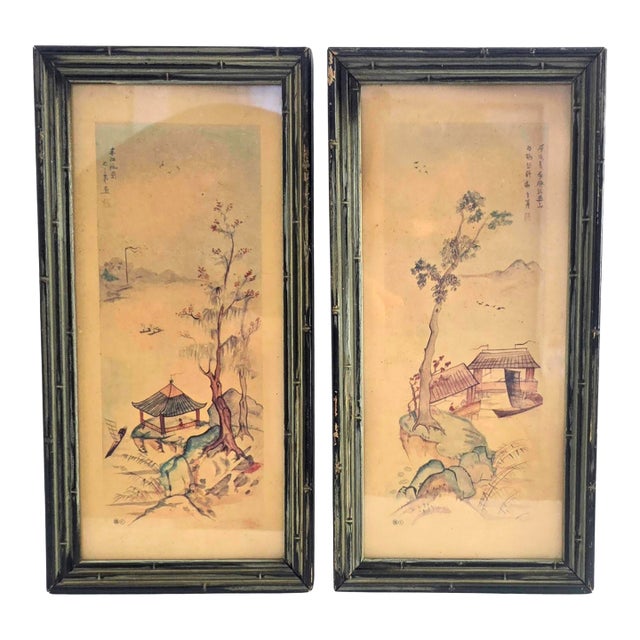 Pair of Mid-Century Antique Japanese Landscape Watercolors - Ebonized Bamboo Framed For Sale