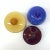 Mixed-color vessels, group of 3. An eclectic group of glass-lidded containers in a ruby-red, amber-yellow, and cobalt-blue...
