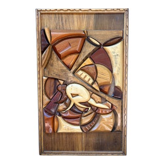 Vintage Signed A. Ruby Large Abstract Figural Wood Relief Wall Sculpture For Sale