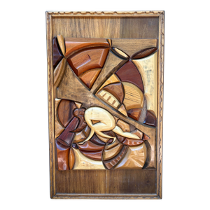 Vintage Signed A. Ruby Large Abstract Figural Wood Relief Wall Sculpture