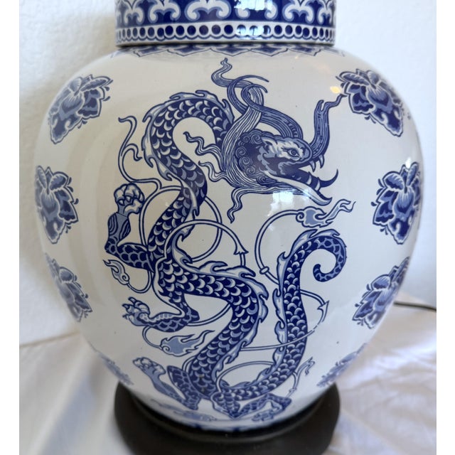 Chinoiserie Vintage Large Blue & White Chinoiserie Dragon Ginger Jar Table Lamp For Sale - Image 3 of 11