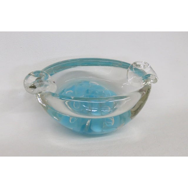 Abstract Joe St Clair Glass Ashtray Aqua Blue and Clear Bullicante Floral Art Bowl 4728b For Sale - Image 3 of 11