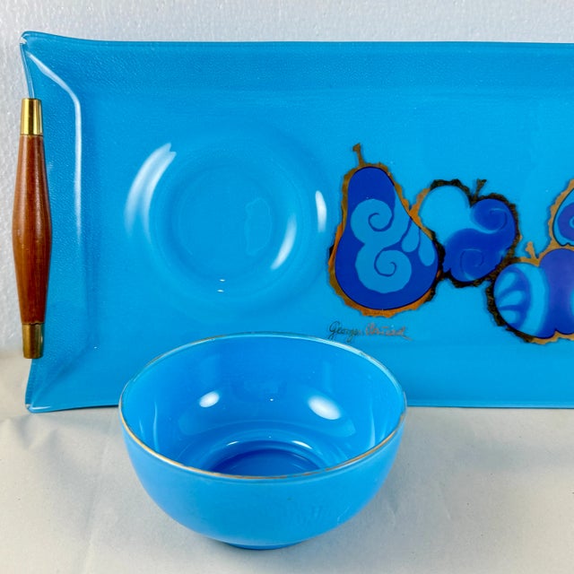 Wood Georges Briard Peacock Blue Pageant Fruit Glass Tray & Dip Bowl For Sale - Image 7 of 15