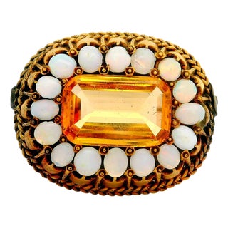 Antique Citrine Opal 10k Gold Halo Brooch For Sale