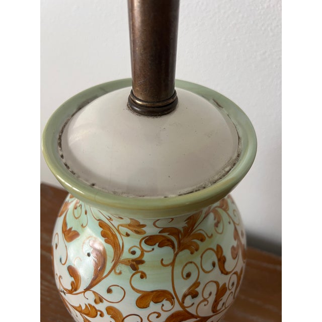 Vintage Hand-Painted Italian Style Ceramic Table Lamp With Ochre Scrollwork & Celadon Green Accents For Sale - Image 9 of 11