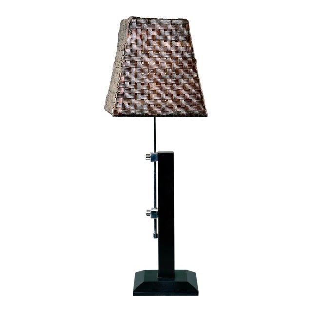 Mid Century Italian Adjustable Lamp With Original Woven Leather Shade For Sale