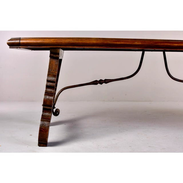 Large 19th C Spanish Walnut Table With Marquetry Top and Iron Stretcher For Sale - Image 9 of 11