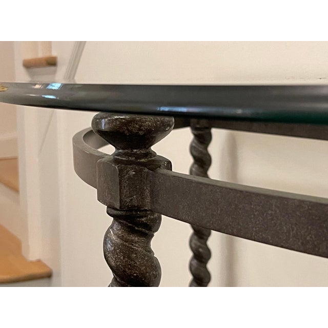 Vintage Iron Barley Twist Demilune Console Table With Beveled Glass Top For Sale - Image 11 of 13