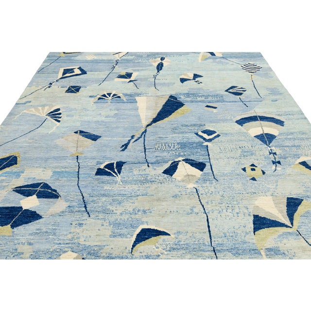 Whimsical Modern Blue & Ivory Kite Motif Hand-Knotted Wool Rug For Sale - Image 9 of 10